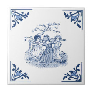 Azulejo Chicas de la época bailando Anillo Delft Azul y Bl