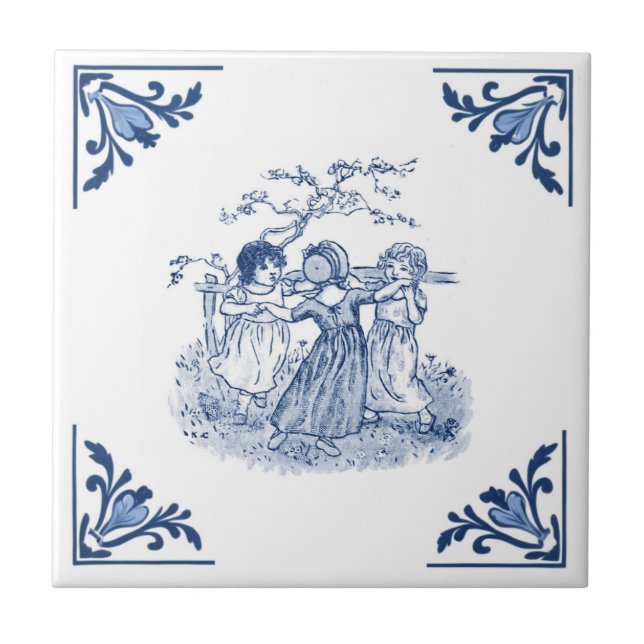 Azulejo Chicas de la época bailando Anillo Delft Azul y Bl (Frente)