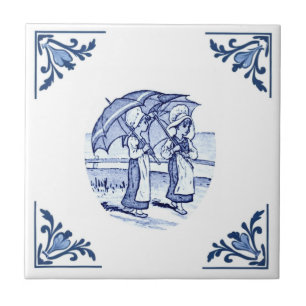 Azulejo Chicas de parasol de época Delft Corner azul y bla