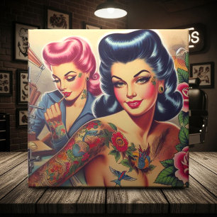 Azulejo Chicas del tatuaje de la vieja escuela de vintage