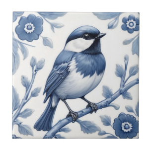 Azulejo Chickadee Gran Tit Bird Delft Azul y Blanco