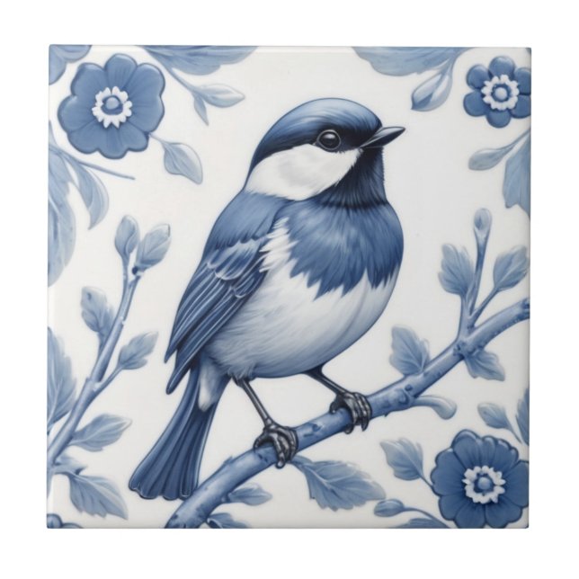 Azulejo Chickadee Gran Tit Bird Delft Azul y Blanco (Frente)