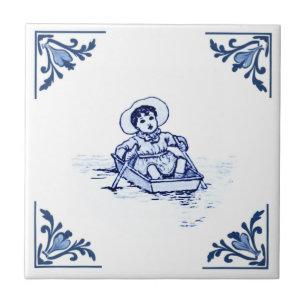 Azulejo Chico Antiguo en Barca de Remos Delft Azul y Blanc