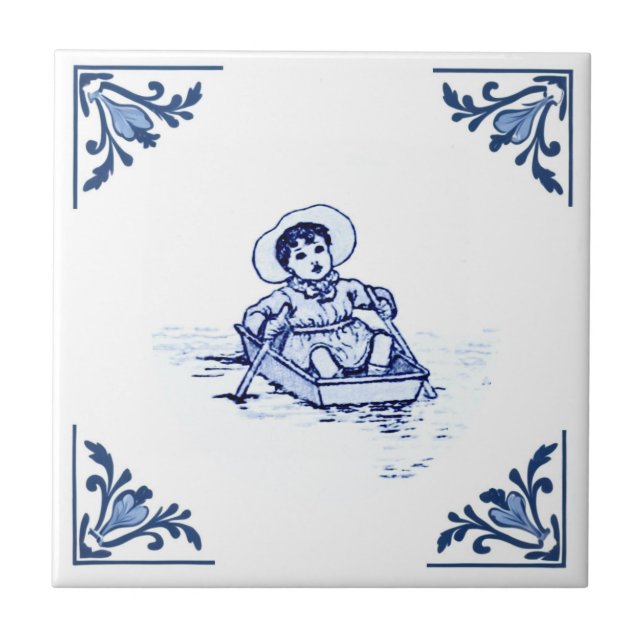 Azulejo Chico Antiguo en Barca de Remos Delft Azul y Blanc (Frente)