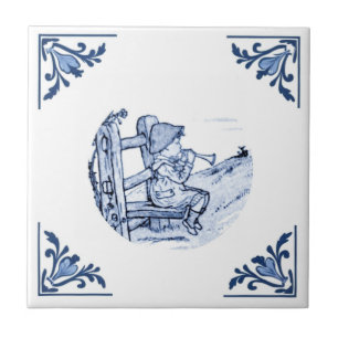 Azulejo Chico Antiguo Toca Música Trompeta Delft Azul y Bl