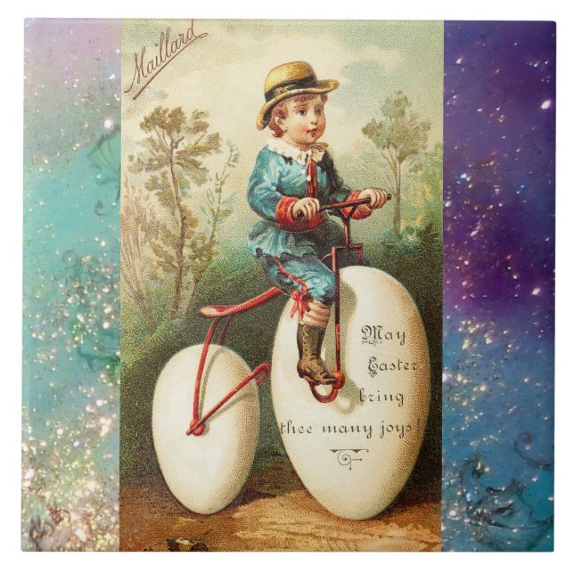 AZULEJO CHILD WITH EASTER EGG BIKE AND COLORFUL FLOWERS (Frente)