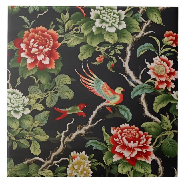 Azulejo Chinese red green floral pattern tile (Frente)