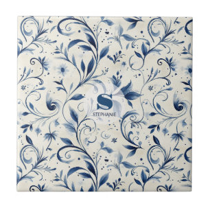 Azulejo Chinoiserie Acuarela Azul Vid y Floral