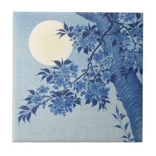Azulejo Chinoiserie Azul Marino Flor de Cerezo y Luna Llen