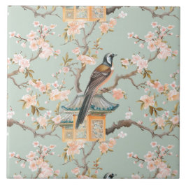 Azulejo Chinoiserie Bird & Blossom Blush Sage Ceramic Tile