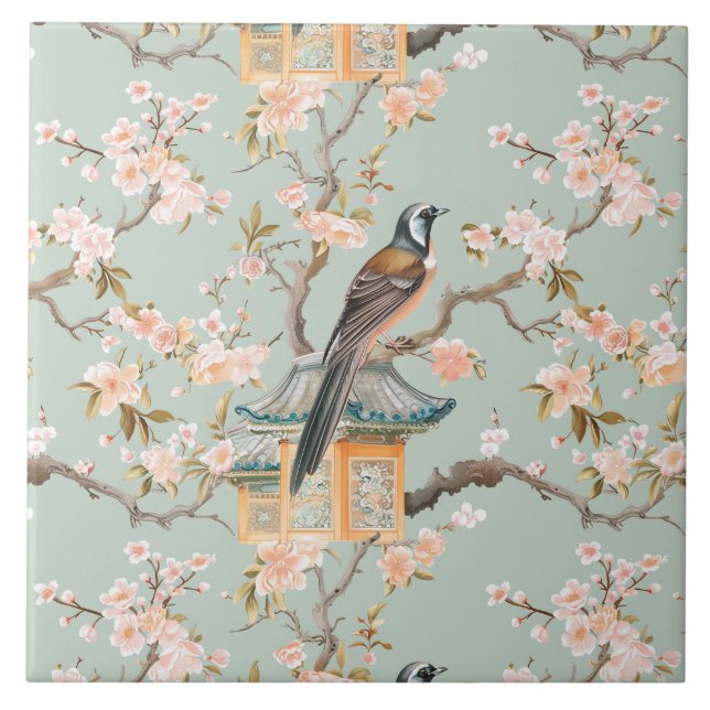 Azulejo Chinoiserie Bird & Blossom Blush Sage Ceramic Tile (Frente)