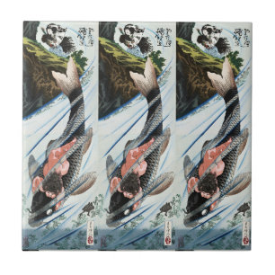 Azulejo Chinoiserie Carpa Koi Cascada Arte Japonés