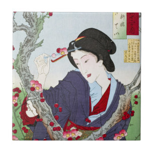 Azulejo Chinoiserie Dama Japonesa y Flor de Cerezo Roja