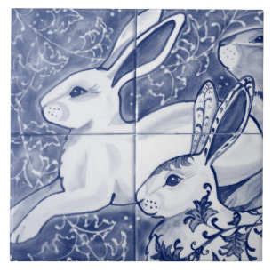Azulejo Chinoiserie Dedham Delft Navy de Cobalt Blue Rabbi