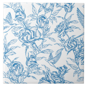 Azulejo Chinoiserie Flor Rosa Azul Vintage Pájaro