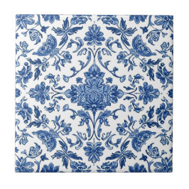 Azulejo Chinoiserie Floral Azul Acuarela Blanca