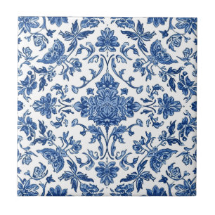 Azulejo Chinoiserie Floral Azul Acuarela Blanca