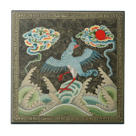 Azulejo Chinoiserie Patrón de grulla dorada y ola marina