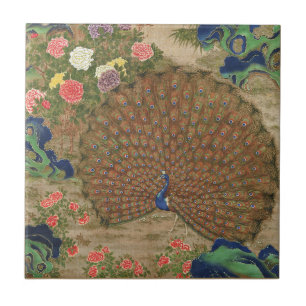 Azulejo Chinoiserie Pavo Real Azul con Jardín de Flores Ex