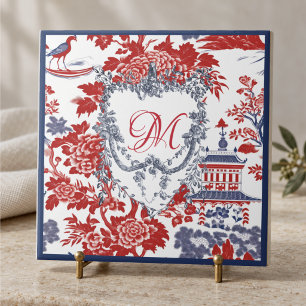 Azulejo Chinoiserie Vintage Delft Rojo Azul monograma fran