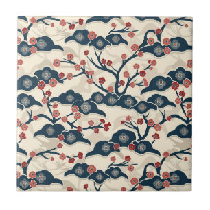 Azulejo Chiyogami Japonés Ume Coral Rojo Índigo Crema