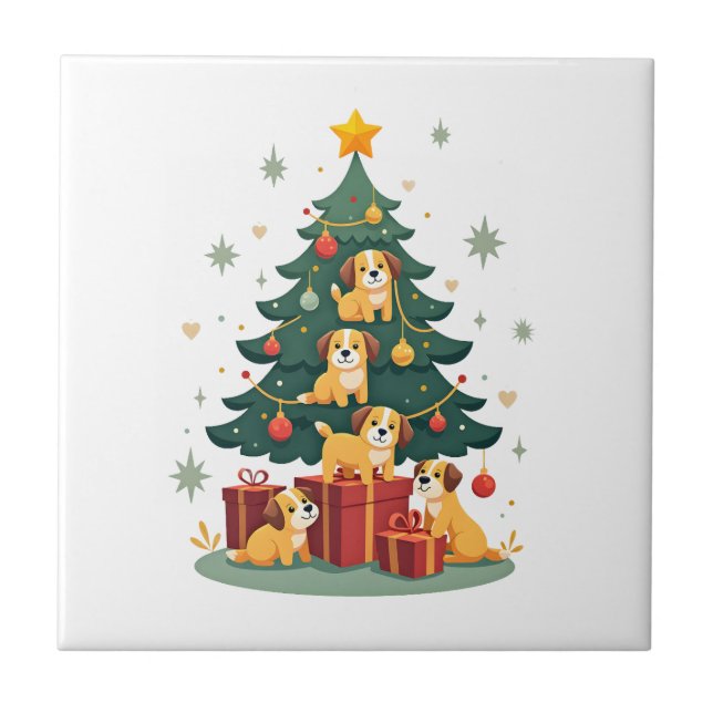 Azulejo Christmas Dog Tree T-Shirt Cute Funny Puppy Dogs X (Frente)