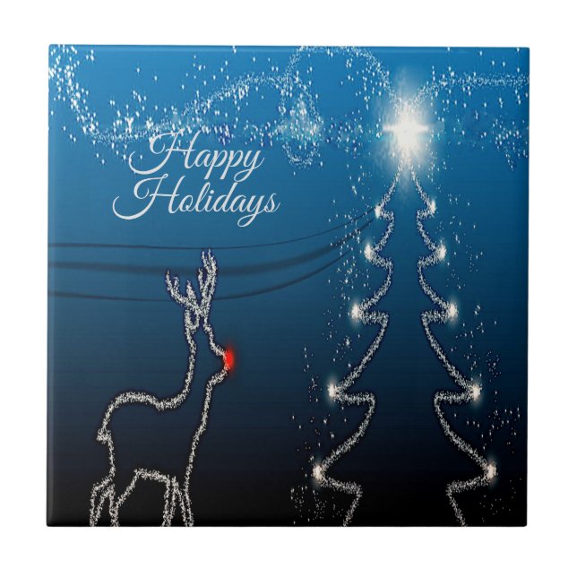 Azulejo Christmas Party Reindeer Tree Blue Sky Shiny Stars (Frente)