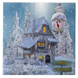 Azulejo Christmas Party Winter White Snowman Blue Rustic