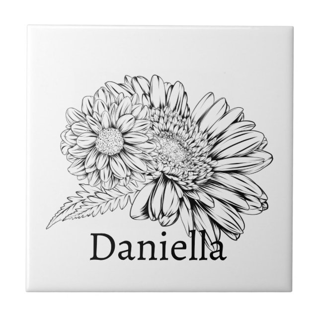 Azulejo Chrysanthemum Black Line Drawing with Your Name  (Frente)