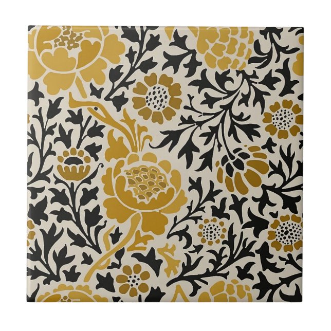 Azulejo Chrysanthemum Mustard Yellow Tan Hojas negras (Frente)