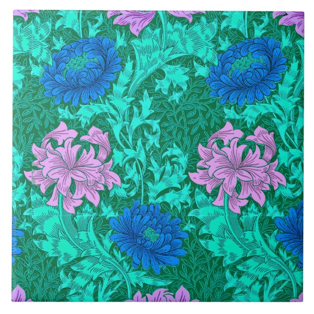 Azulejo Chrysanthemums, Aqua y Violet (Frente)