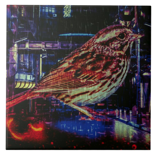 Azulejo Ciberpunk Sparrow en Neon Cityscape (Frente)