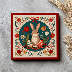 Azulejo Cielo de Pascua botánico con conejo lindo y flores