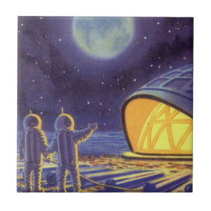Azulejo Ciencia Ficción Vintage Alienígenas en la Luna del