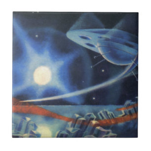 Azulejo Ciencia Ficción Vintage Planeta Azul con Nave Espa