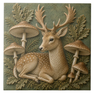 Azulejo Ciervo Dama y Hongos del Bosque Fauna Otoñal