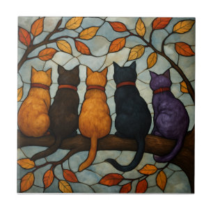 Azulejo Cinco Gatos en una Rama de Árbol Estilo Vidrio Pin