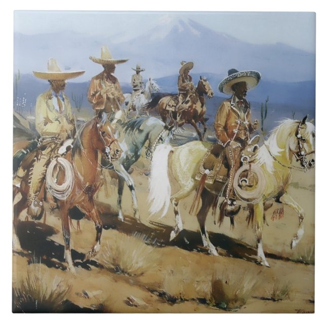 Azulejo Cinco vaqueros a caballo de Edward Borein (Frente)