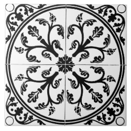 Azulejo Círculo Botánico Abstracto Vintage Negro y Blanco