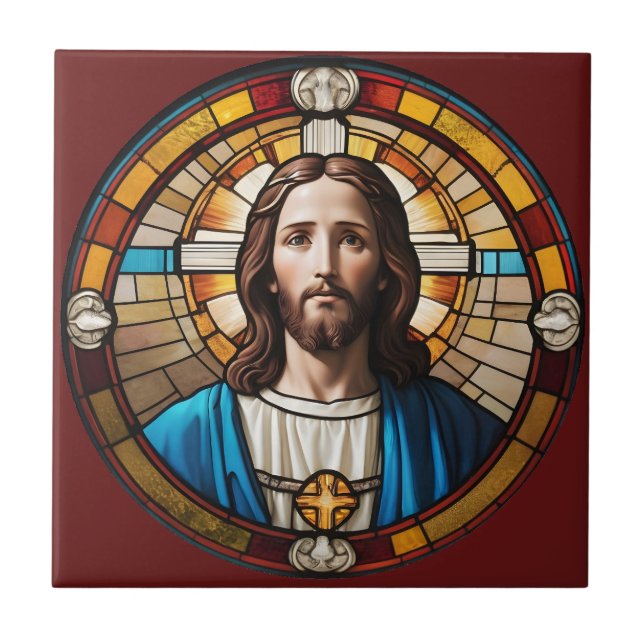 Azulejo Círculo de Jesucristo Marrón Faux Stained Glass (Frente)