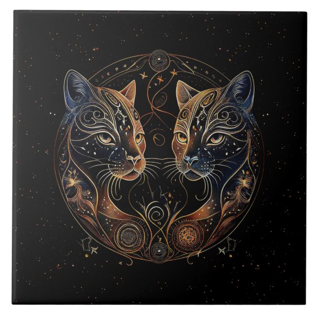 Azulejo Círculo felino artístico de gatos gemelos (Frente)