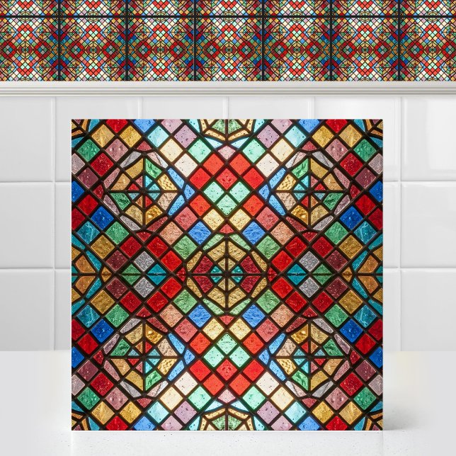 Azulejo Círculo Radiante Catedral Simétrica Vidrio de Colo (Colorful red, blue, yellow, green antique Radiant Circle Symmetrical Cathedral Stained Glass Ceramic)