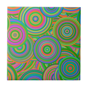 Azulejo Círculos abstractos de moda retro, verde y rojo-na