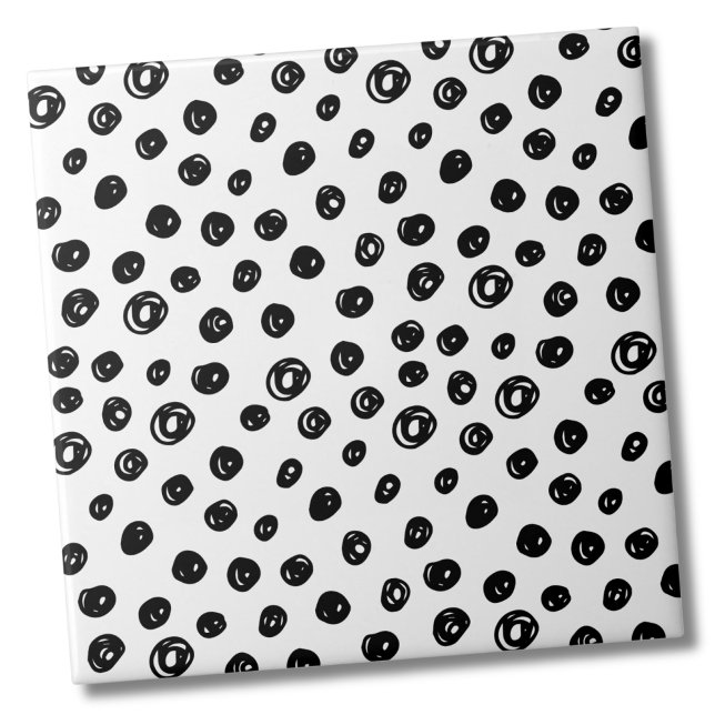 Azulejo Círculos Puntos Patrón Blanco Negro (Cute Messy Dots Circles Pattern Black White Ceramic Tile)