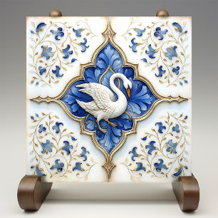 Azulejo Cisne Azul Blanco Oro Trabajos en Pergamino Mediev