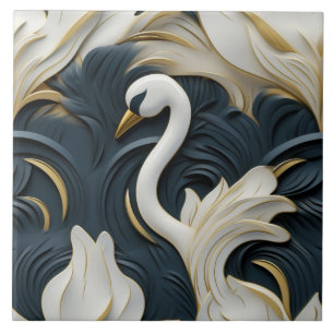 Azulejo Cisne blanco con efecto de relieve de follaje azul