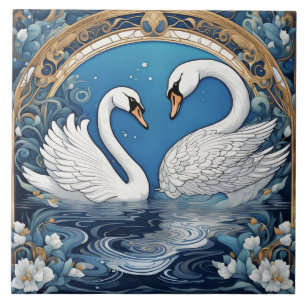 Azulejo Cisne blanco en lago Art Nouveau Art Deco Azul