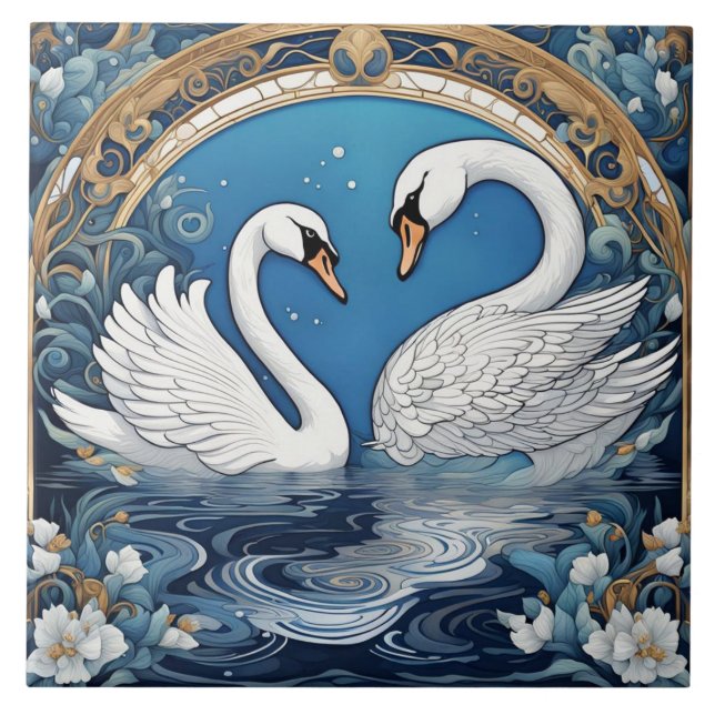 Azulejo Cisne blanco en lago Art Nouveau Art Deco Azul (Frente)