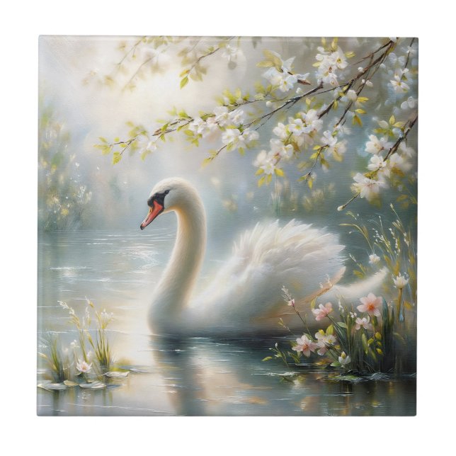 Azulejo Cisne blanco sobre pintura floral del lago (Frente)