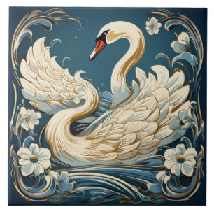 Azulejo Cisne de crema y flores pálidas sobre azul turques